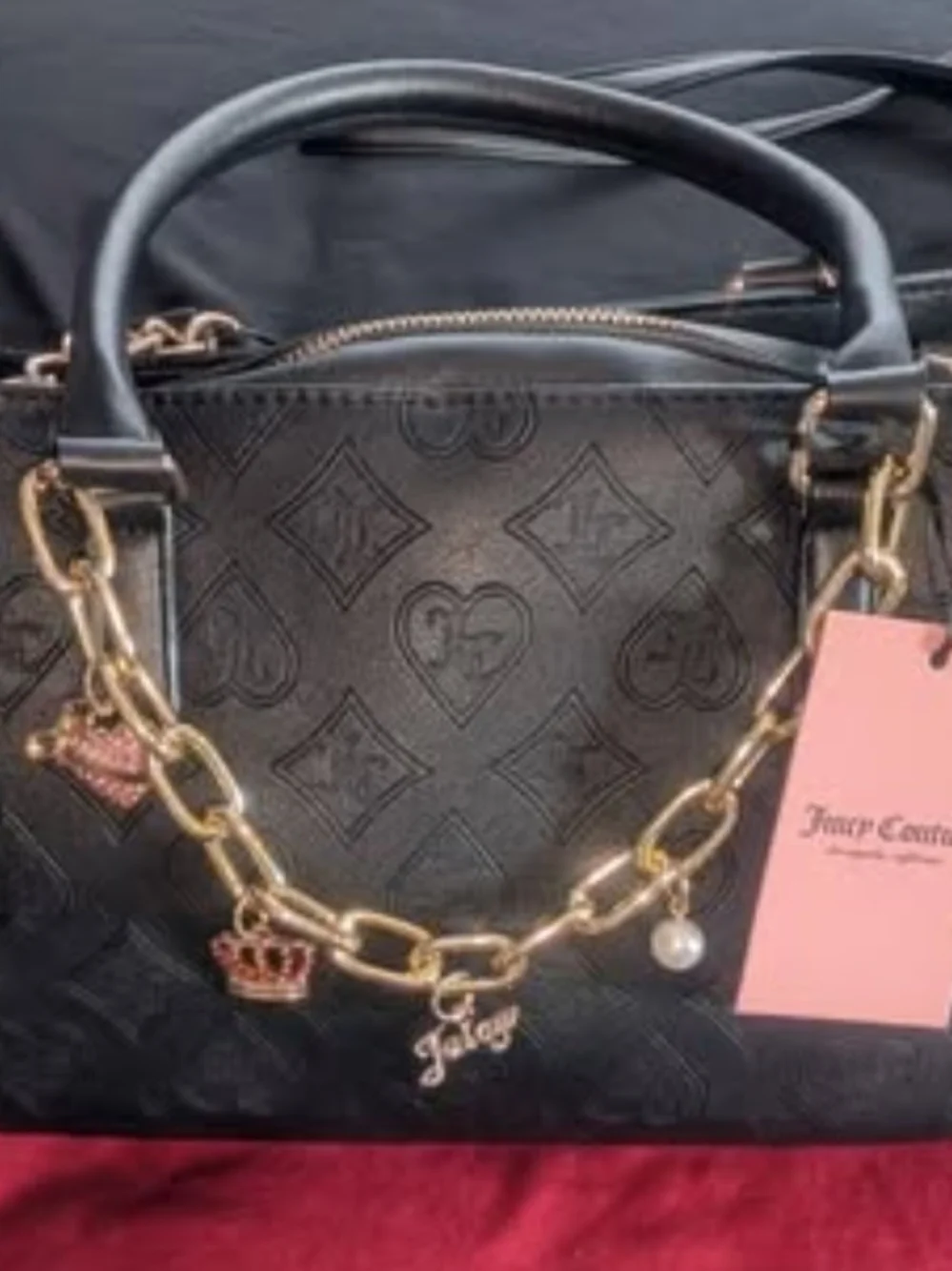 Juicy Couture Black Embossed Satchel with Gold Charm Chain